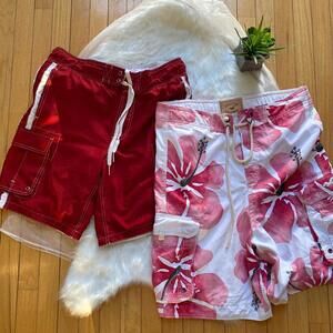 Men's Hollister Swim Trunks - Red and Floral Pattern, Size Medium